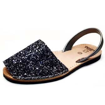 Sandalia Menorquina Plana Tejido glitter Platino Combinada en Platino Hecho en España