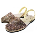 Sandalia Menorquina Plana Tejido glitter Combinada en Platino Hecho en España