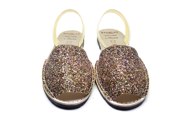 Sandalia Menorquina Plana Tejido glitter Combinada en Platino Hecho en España