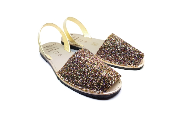 Sandalia Menorquina Plana Tejido glitter Combinada en Platino Hecho en España